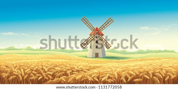風車と小麦畑を持つ田舎の夏の風景 ベクターイラスト のベクター画像素材 ロイヤリティフリー