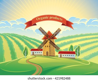 Rural summer landscape with windmills and tape as a design element.