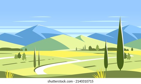 Rural summer landscapes. Green meadows and hills. Pasture grass for the cows. Countryside. Nature horizon with mountains. Simple flat terrain graphic. EPS10 vector illustration