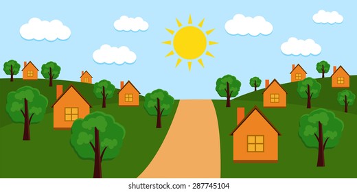 Rural sunny landscape with houses, hills, road and trees. Vector illustration.