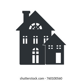 Rural three storey building black silhouette with chimney and entrance door and small dwelling in front of it vector illustration isolated on white