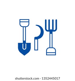 Rural tools,shovel, hayfork, reaping hook line icon concept. Rural tools,shovel, hayfork, reaping hook flat  vector symbol, sign, outline illustration.