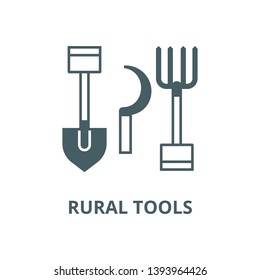 Rural tools,shovel, hayfork, reaping hook vector line icon, linear concept, outline sign, symbol