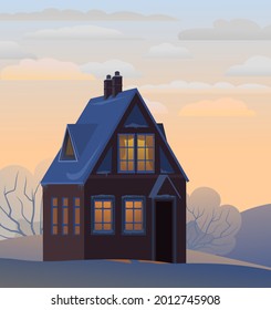 Rural traditional house in winter. Evening landscape. Christmas night. Quiet winter evening. The gable roof is covered with snow. Nice uburban village. Flat cartoon style. Vector art