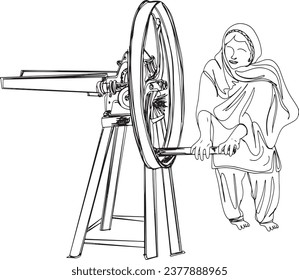 Rural Traditions: Indian Village Women Cutting Fodder on Chaff Cutter - Cartoon Illustration, Traditional Farming Art: Indian Women Cutting Fodder on Chaff Cutter - Vector Sketch