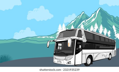 rural transit bus background vector illustration with rural landscape suitable for rural transit day background on social media post, poster, children book cover, welcome back to school background