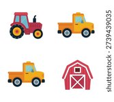 Rural transport vector icons set showing yellow truck, orange truck, classic tractor and barn, great for agriculture brochures, map legends