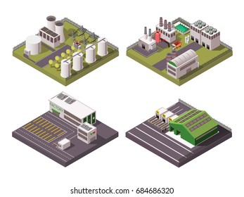 Rural and urban factory industrial buildings 2x2 isometric composition set isolated on white background 3d vector illustration