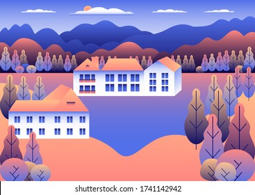 Rural or urban landscape outdoor. City or village in flat style design. Countryside with houses, buildings. Hills, mountains, forest, trees, meadow. Cartoon background nature vector illustration blue