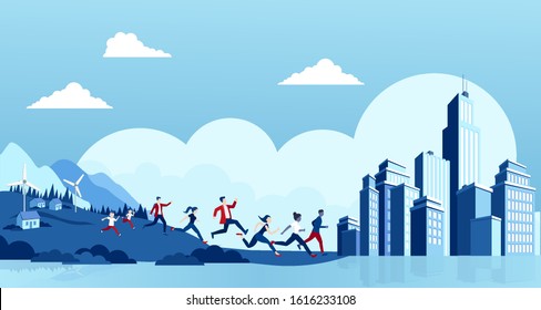 Rural to urban migration concept. Vector of people running away from countryside to a big modern city