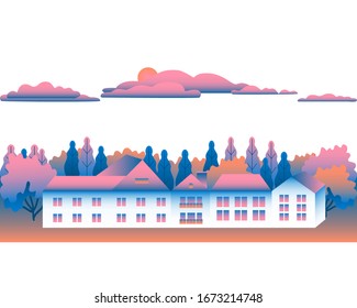 Rural valley Farm countryside isolated on white background. Village landscape with ranch in flat style design logo. Landscape with house farm, building, tree, cloud, hills cartoon vector illustration