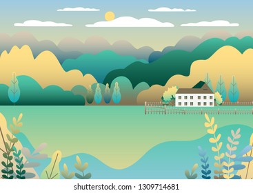 Rural valley Farm countryside. Village landscape with ranch in flat style design. Landscape with house farm one family, barn, building, hills, tree, mountains background cartoon vector illustration