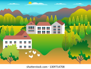 Rural valley Farm countryside. Village landscape with ranch in flat style design. Landscape with house farm one family, barn, building, hills, mountains, tree, background cartoon vector illustration