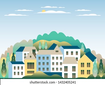 Rural valley Farm countryside. Village landscape with ranch in flat style design. Landscape with house farm family, barn, building, hills, tree, mountains, background cartoon vector illustration