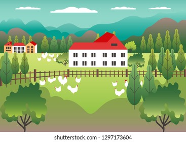 Rural valley view Farm countryside. Village landscape with ranch in flat style design. Landscape with detached house farm one family house, barn, building, tree, background cartoon vector illustration