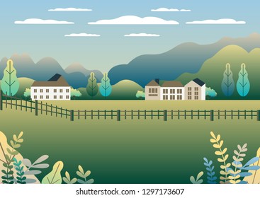 Rural valley view Farm countryside. Village landscape with ranch in flat style design. Landscape with detached house farm one family house, barn, building, tree, background cartoon vector illustration