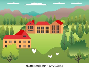 Rural valley view Farm countryside. Village landscape with ranch in flat style design. Landscape with detached house farm one family house, barn, building, tree, background cartoon vector illustration