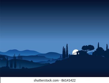 rural vector landscape illustration with moon night in tuscany, a farm house and cypress trees