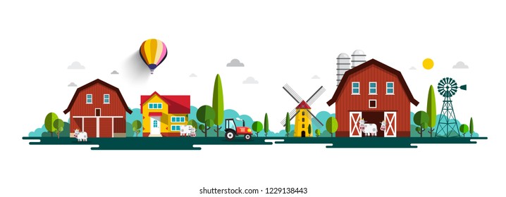 Rural Vector Landscape Panorama with Barn, Houses, Windmills and Tractor