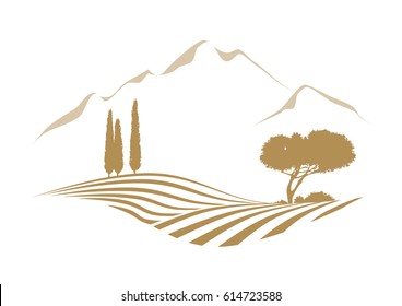 Rural Vector Landscape With Plowed Field, Mountains, Cypress And Pine Tree