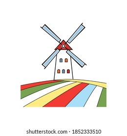 Paisaje vectorial de verano rural con molinos de viento y tulipanes de coloración. Torre de molino antigua en fondo blanco aislado para el diseño de envases de alimentos, iconos, logotipos o impresión en cualquier superficie