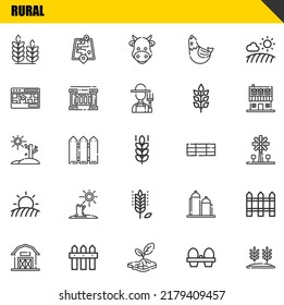 rural vector line icons set. wheat, barn and drought Icons. Thin line design. Modern outline graphic elements, simple stroke symbols stock illustration