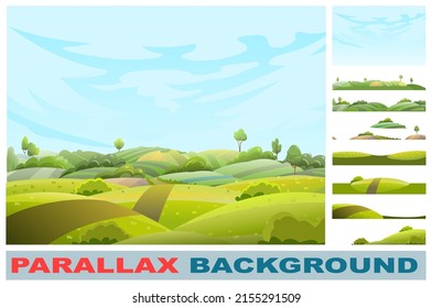 Rural vegetables and grassy hills. Set parallax effect. Farm cute landscape with road. Funny cartoon design illustration. Summer pretty sky. Flat style. Vector.