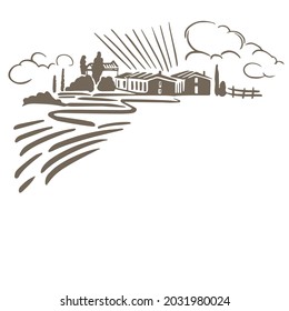 Rural view background template. Rustic Italian landscape on a white background. Rural landscape with houses at dawn