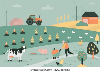 Rural view. Elderly farmer pull garden cart with crop. Farm animals, poultry products, organic food. Countryside landscape, farm. Ecological agricultural food. Farmland, ranch. vector illustration