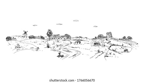 Rural view with fields, a pond, a cow, a windmill. Sketch. Vector illustration.