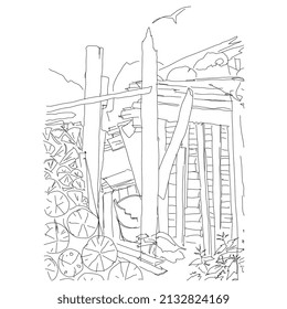 Rural view in Russian village. Dilapidated fence and woodpile with flying bird. Stack of wood. Hand drawn linear vector art. Black and white silhouetted pencil drawing. 