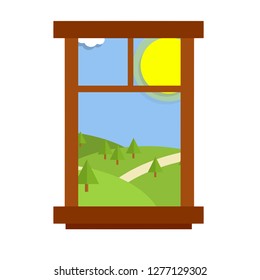 Rural view from the window. Element of the interior of the village. Green hills and the road. Summer and spring weather. Cottage in nature. holiday home. Cartoon flat illustration