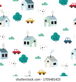 Rural village background Hand drew the seamless pattern with a small house with cars and trees Creative texture design for textiles, fabrics, publications, vector illustrations