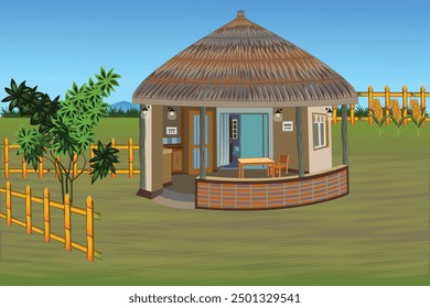 Rural village background illustration. A beautifully decorated house with lovely furniture  and trees surrounded by fences 