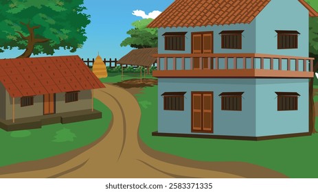 Rural village background with mud road cottage and trees.Countryside House beside road