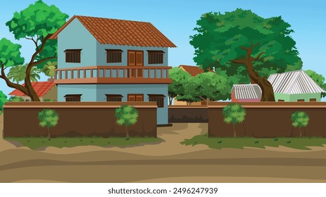 Rural village house landscape vector illustration. Indian Asian village poor farmer house for 2d cartoon animaiton