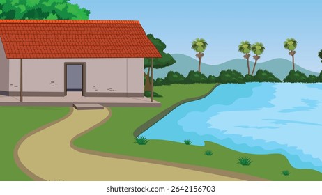 Rural Village House Near River with Red Tiled Roof, Nature Trees, Pathway, Countryside Landscape, Palm Trees, Flat Vector Background, Indian Farming Scene, Traditional Home, Cartoon Village Illustrati