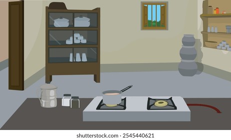 Rural village kitchen vector illustration with stove,kitchenware,cupboard, wooden window and a door.Asian kitchen indoor design