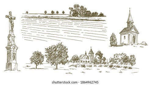 Rural village landscape, field and meadow, hand drawn set.