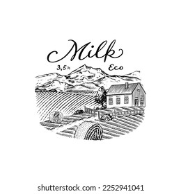 Rural village landscape. Field and mountains. Milk logo for shop. Badge for t-shirts. Hand Drawn engrave vintage sketch. Vector illustration.