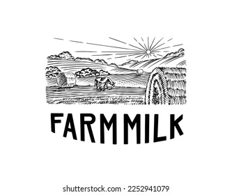 Rural village landscape. Field and mountains. Milk logo for shop. Badge for t-shirts. Hand Drawn engrave vintage sketch. Vector illustration.
