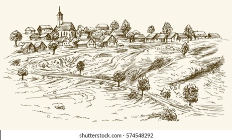 Rural village landscape. Hand drawn set.