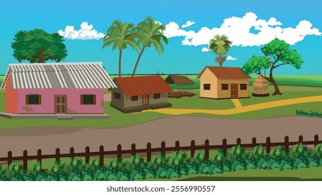 Rural village landscape with houses and trees beside a dirt road and green field.Countryside background vector illustration