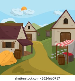 Rural village with market. Vector illustration
