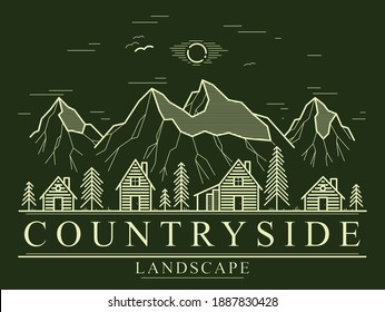 Rural village in mountain range and pine woods linear vector emblem on dark, wooden houses in trees forest line art drawing, countryside log cabins cottages, travel in wilderness for rest logo.