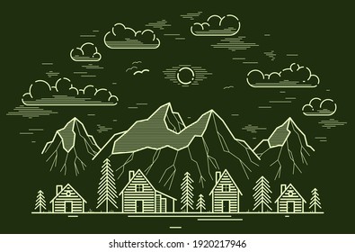 Rural village in mountain range and pine woods linear vector illustration on dark, wooden houses in trees forest line art drawing, countryside log cabins cottages, travel in wilderness for rest.