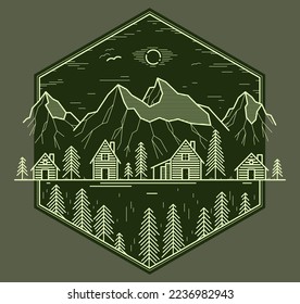 Rural village in mountain range and pine woods linear vector emblem on dark, wooden houses in trees forest line art drawing, countryside log cabins cottages, travel in wilderness for rest logo.