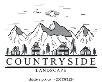 Rural village in mountains range linear vector emblem isolated on white, wooden houses in trees forest line art logo, countryside log cabins cottages, travel in wilderness for rest.