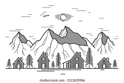 Rural village in mountains range linear vector illustration isolated on white, wooden houses in trees forest line art drawing, countryside log cabins cottages, travel in wilderness for rest.