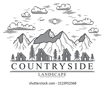 Rural village in mountains range linear vector emblem isolated on white, wooden houses in trees forest line art logo, countryside log cabins cottages, travel in wilderness for rest.